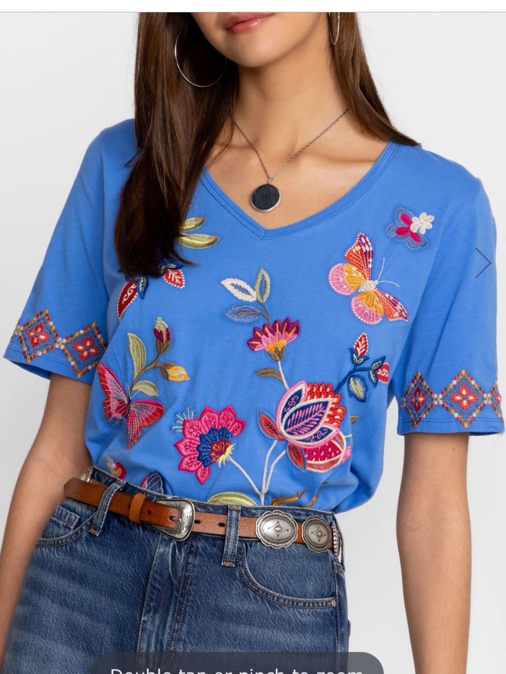 Johnny Was Gracey Trapunto V-Neck Tee Ultramarine Blue Embroidered XS